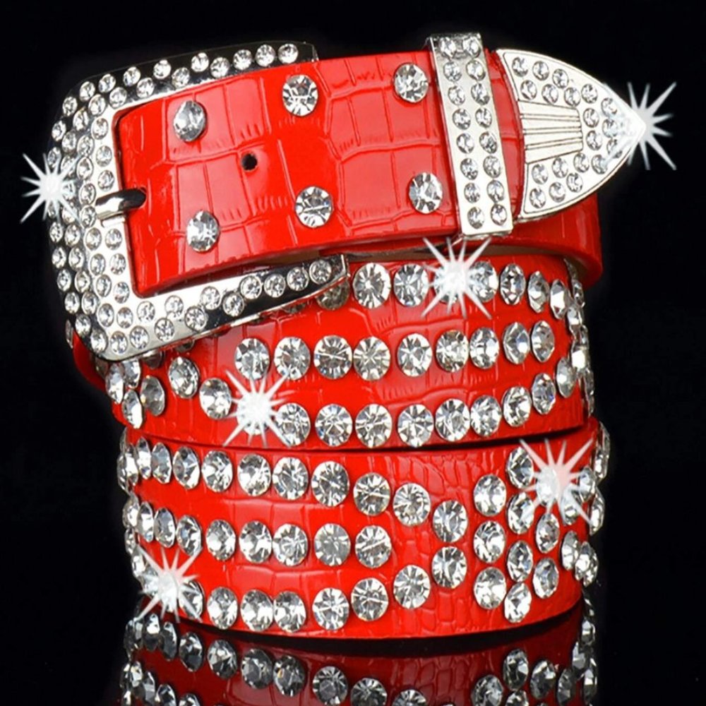 Red Vegan Faux Crocodile Embossed Rhinestone Belt